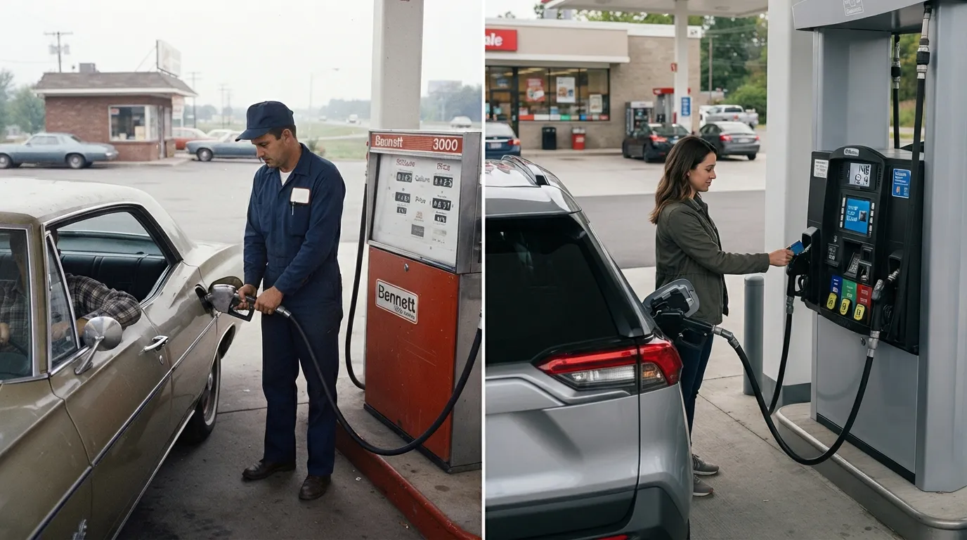 #14 - A 1970 attendant holding the pump beside a 2026 driver paying at the pump (Image Credits: Gemini)