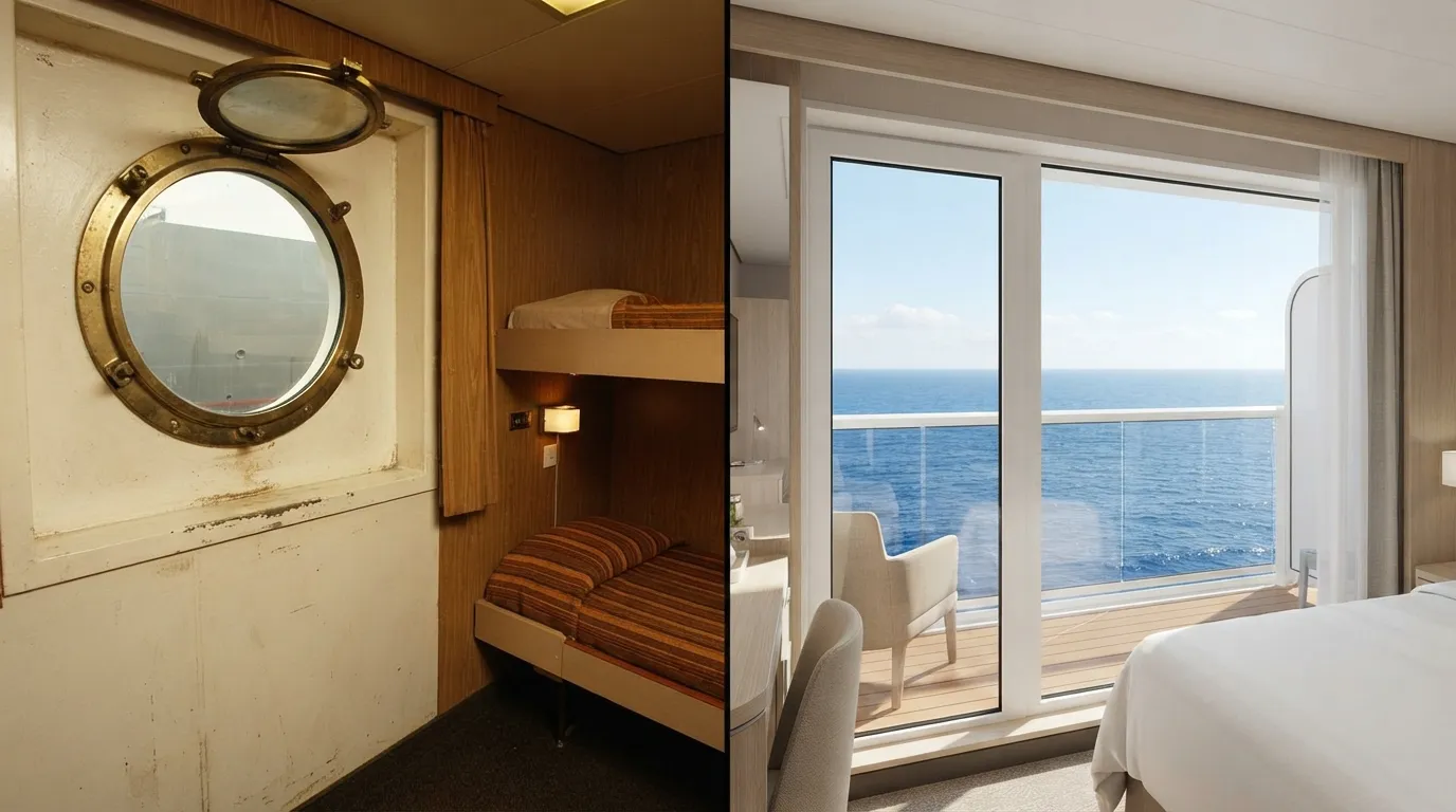 #1 - A 1975 porthole facing the hull beside a 2026 balcony facing the ocean (Image Credits: Gemini)