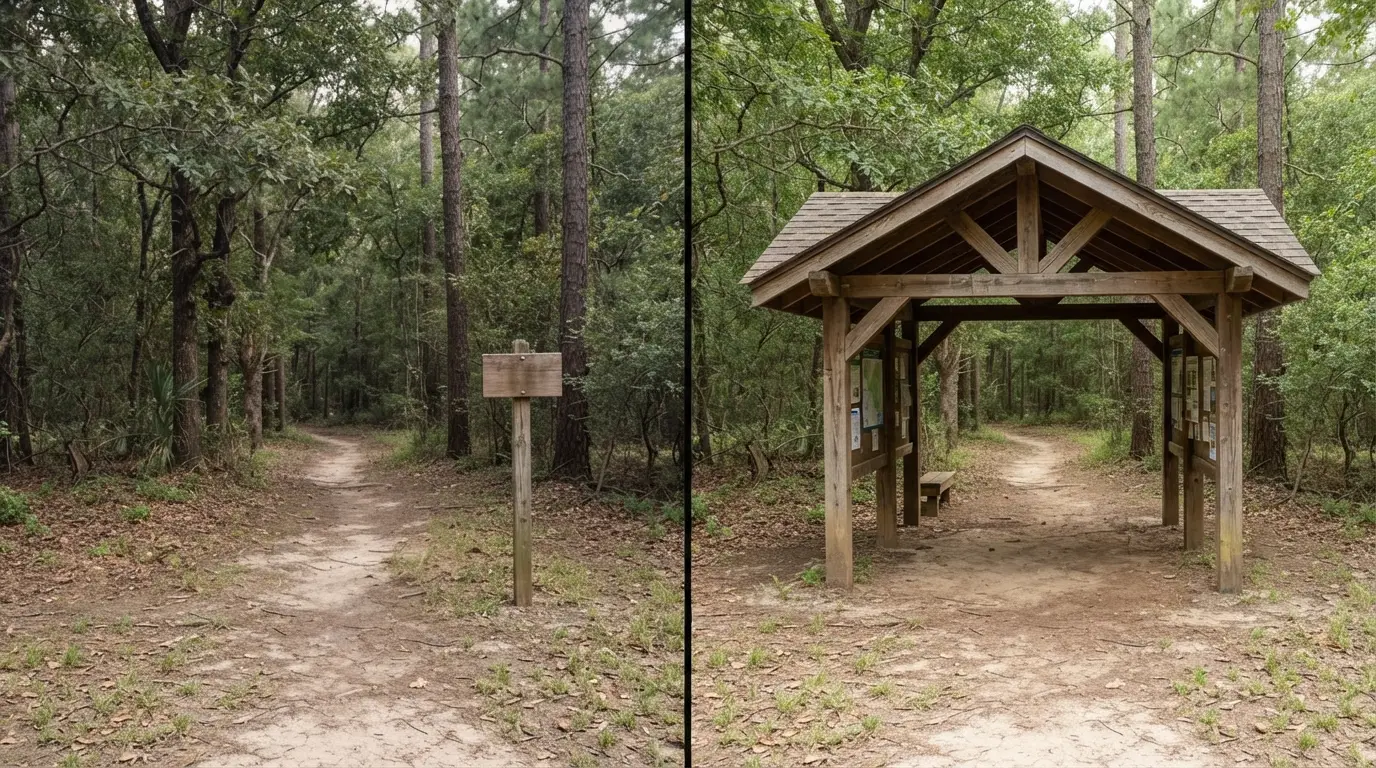 #3 - A 1980 bare dirt trailhead beside a 2026 trailhead under a roofed kiosk (Image Credits: Gemini)