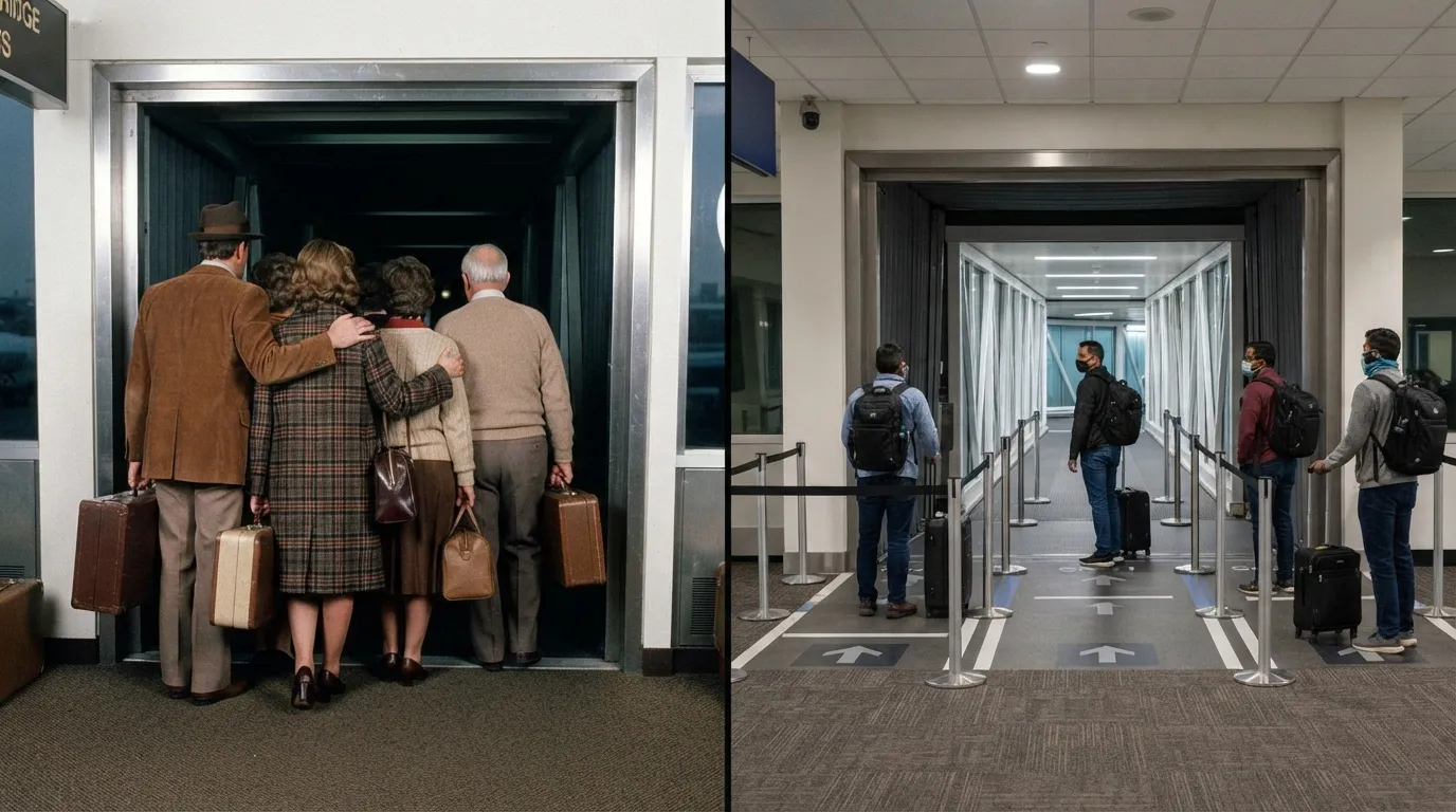 #5 - A 1985 family standing together at the door beside a 2026 line split into separate lanes (Image Credits: Gemini)