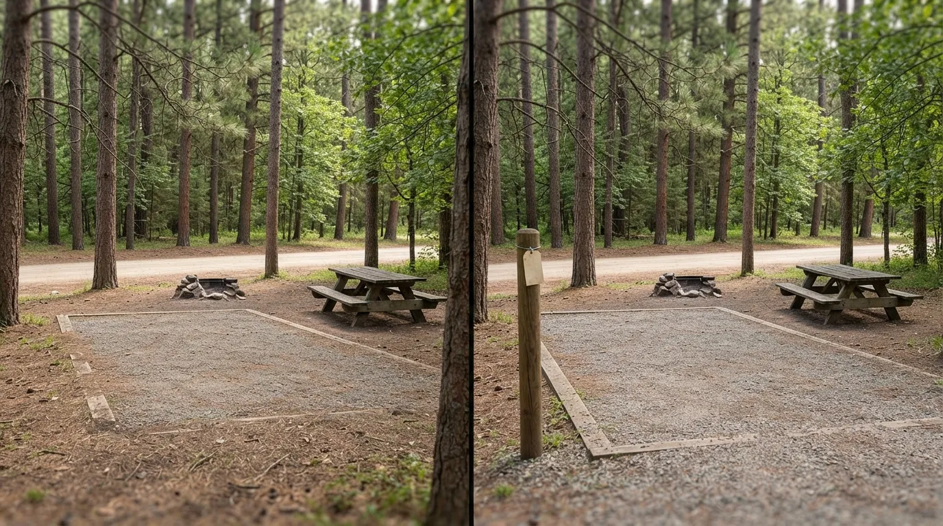 #1 - A 1970 empty first-come site beside a 2026 site held with a reserved tag on the post (Image Credits: Gemini)
