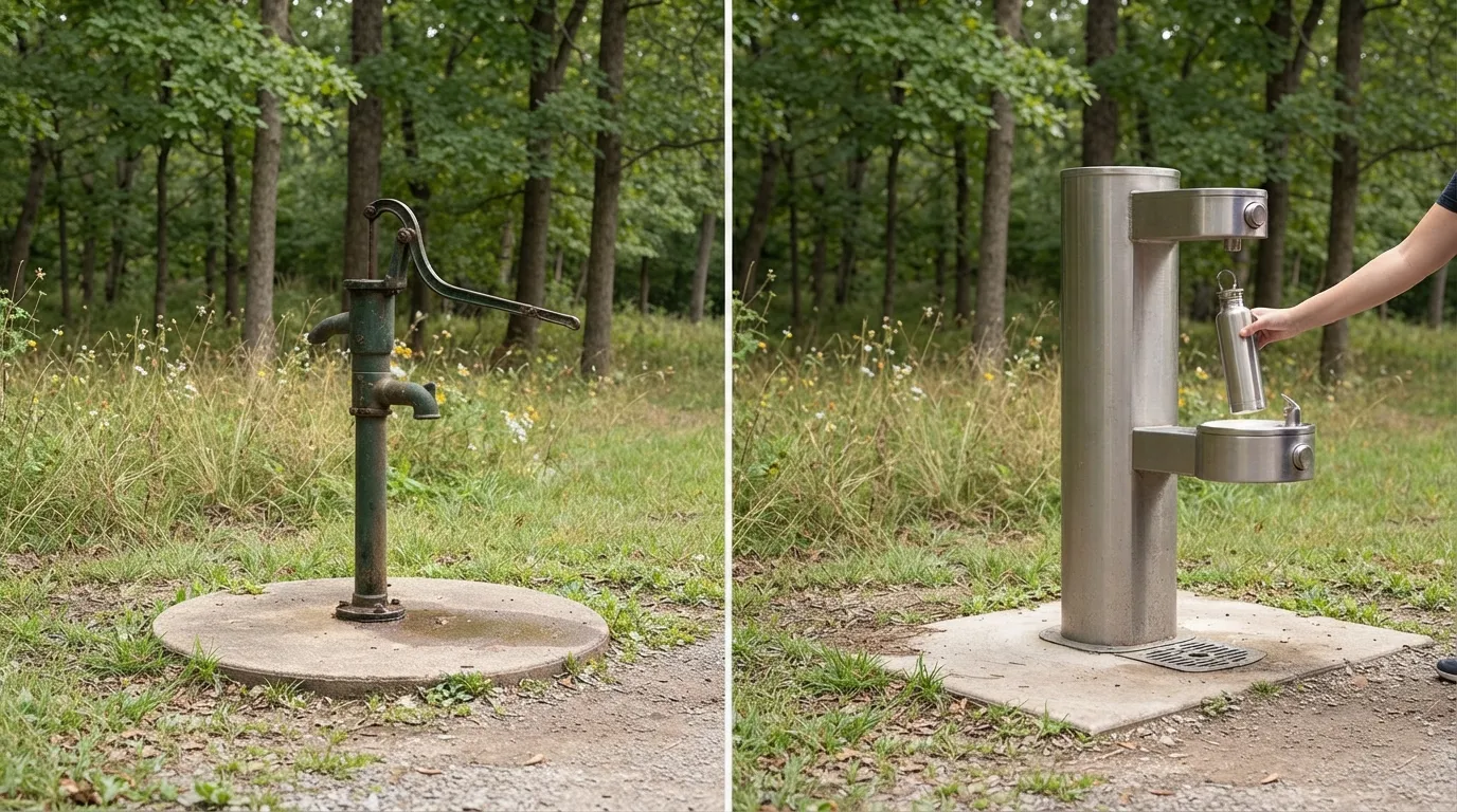 #2 - A 1980 hand-pump well beside a 2026 bottle-filling spigot (Image Credits: Gemini)