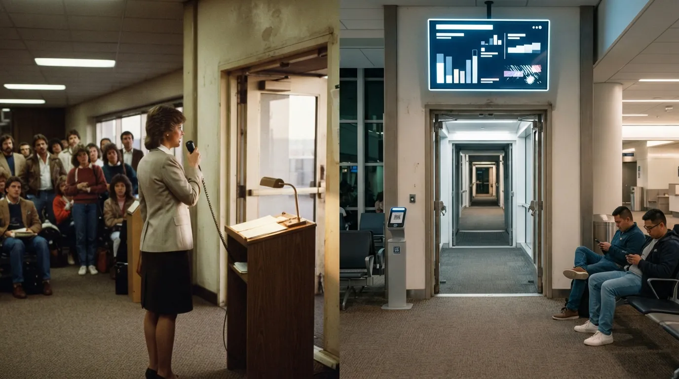 #4 - A 1985 agent with a microphone beside a 2026 screen mounted above the jetway (Image Credits: Gemini)