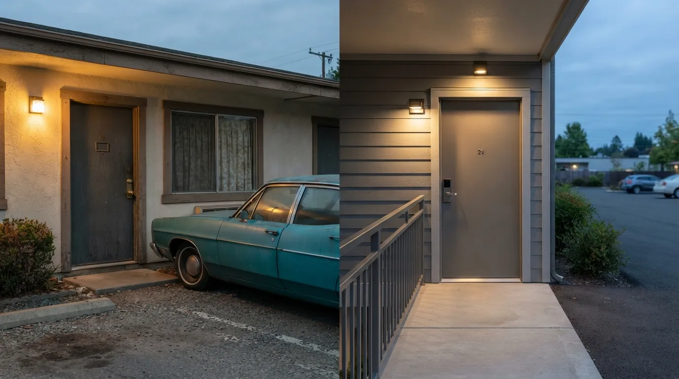 #13 - A 1970 motor-court room door beside a 2026 exterior hotel-room door (Image Credits: Gemini)