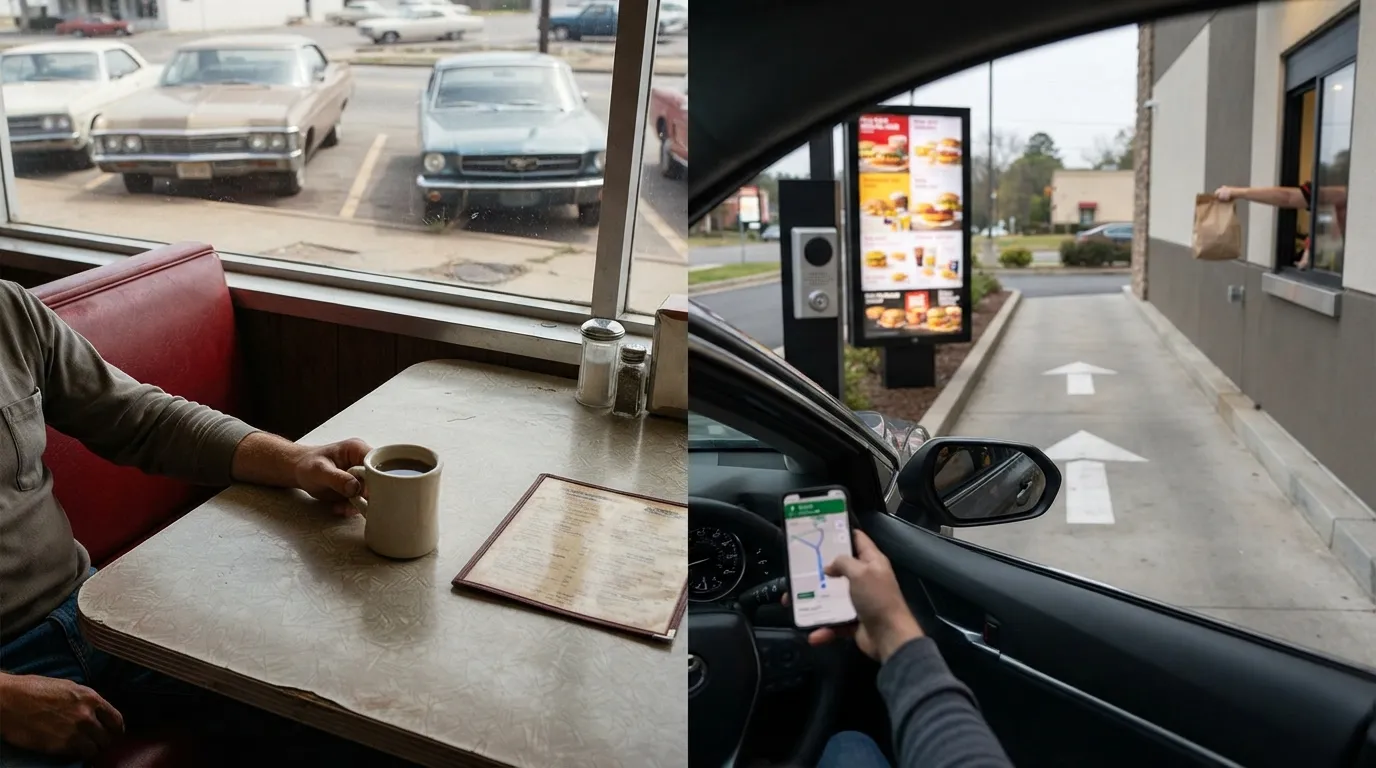 #12 - A 1970 roadside diner booth beside a 2026 drive-through window (Image Credits: Gemini)