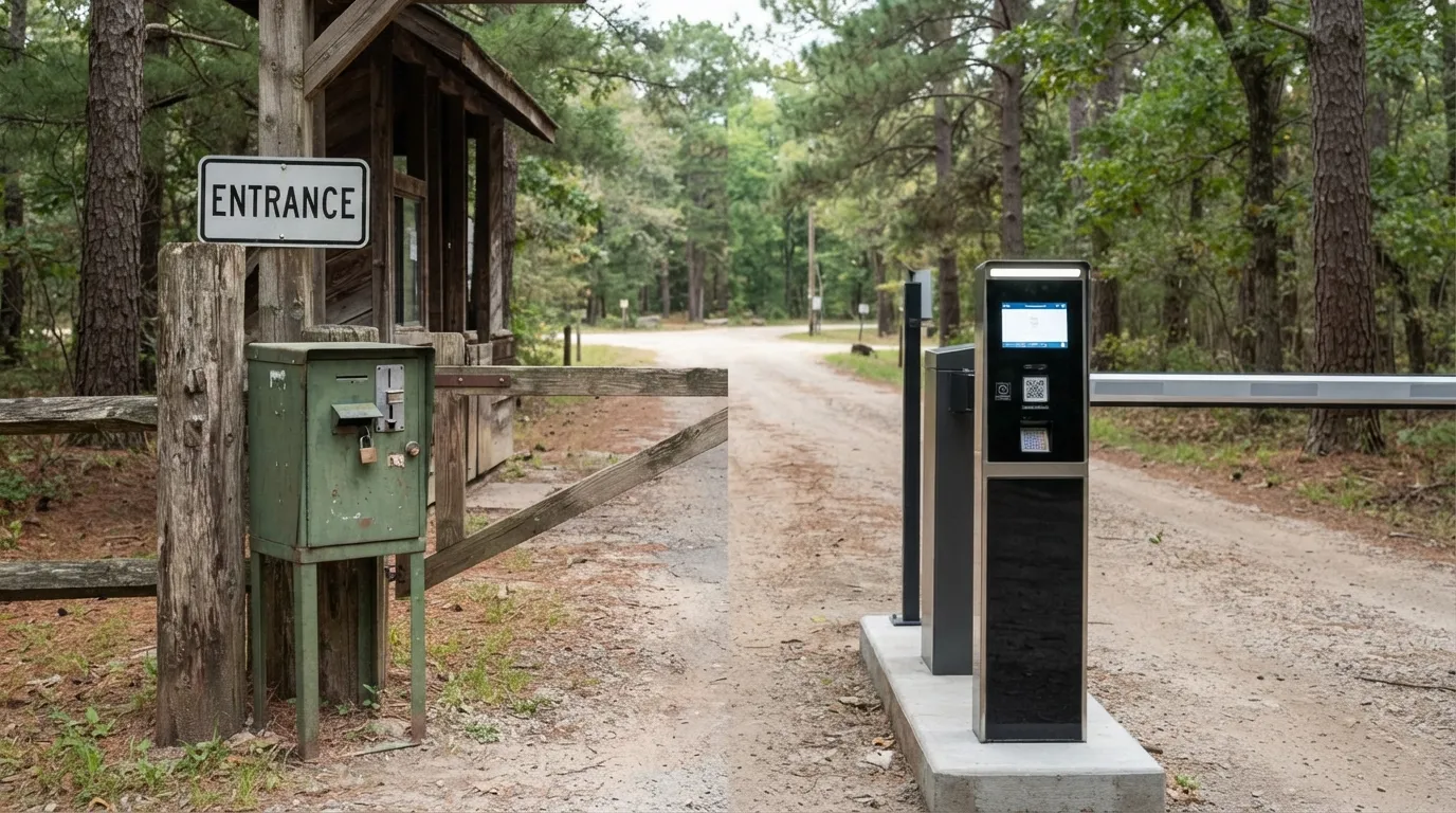 #1 - A 1980 cash box at the gate beside a 2026 scanner at the gate (Image Credits: Gemini)