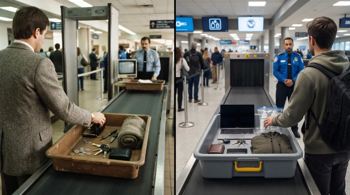 #3 - A 1985 open tray of belongings beside a 2026 plastic security bin (Image Credits: Gemini)