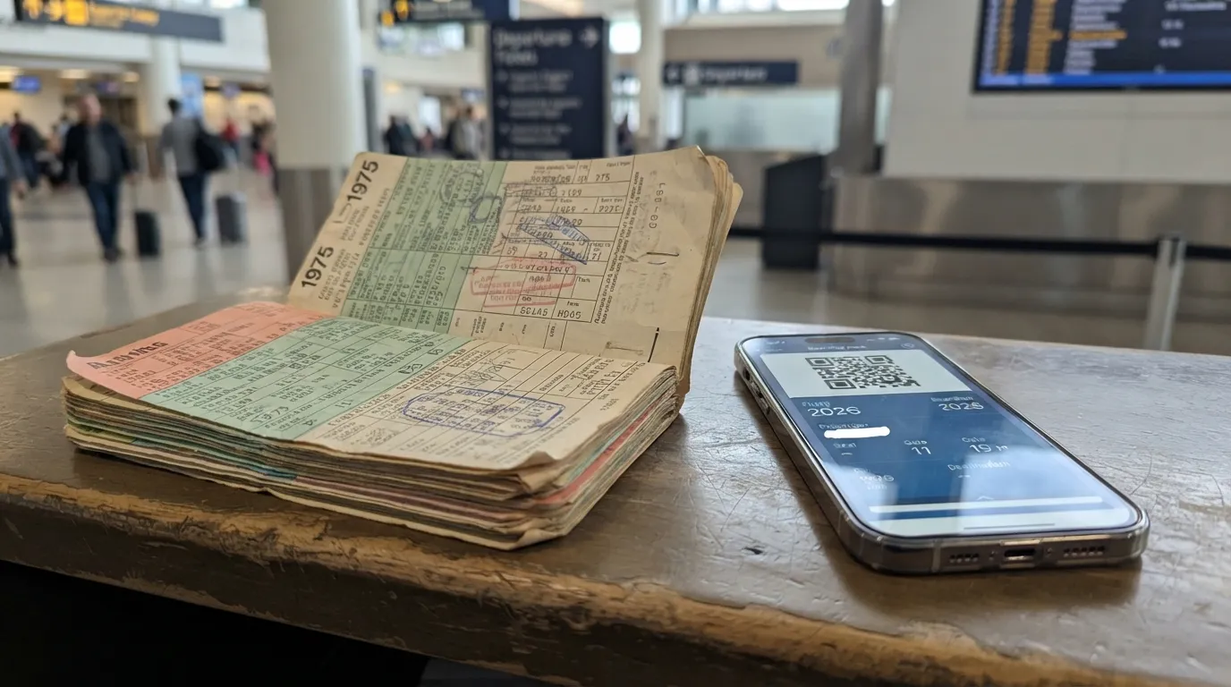 #14 - A 1975 paper ticket booklet beside a 2026 boarding pass on a phone (Image Credits: Gemini)