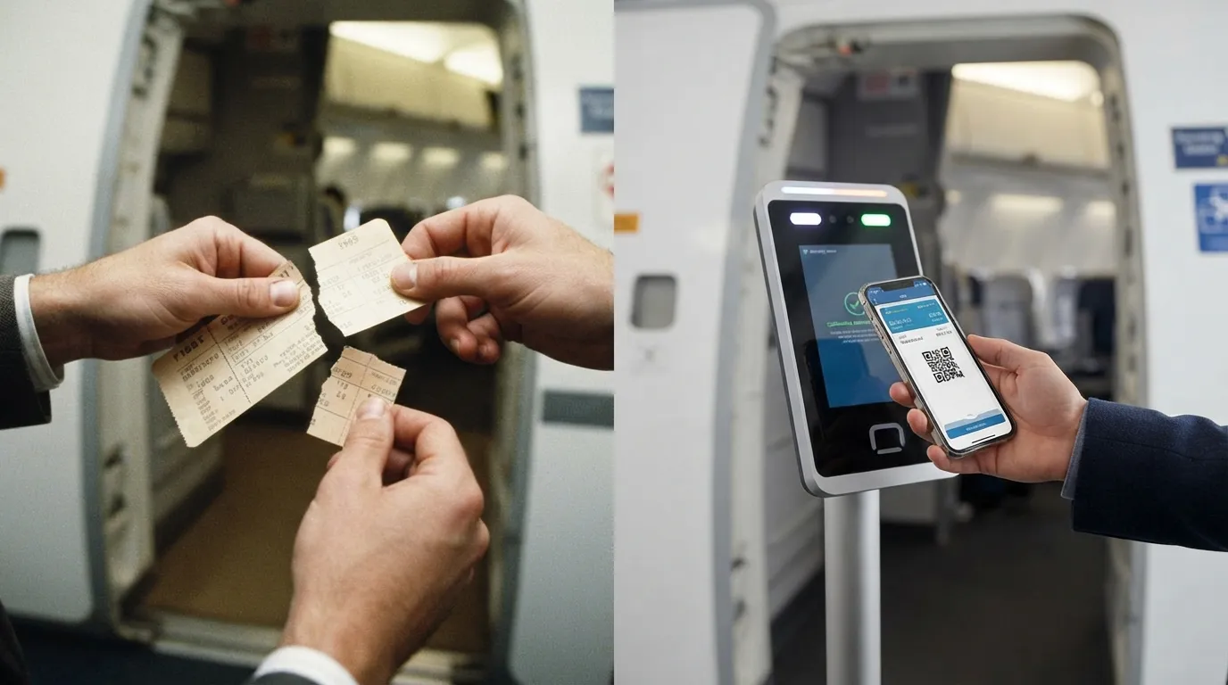 #2 - A 1985 paper seat card torn in half beside a 2026 phone at a scanner (Image Credits: Gemini)