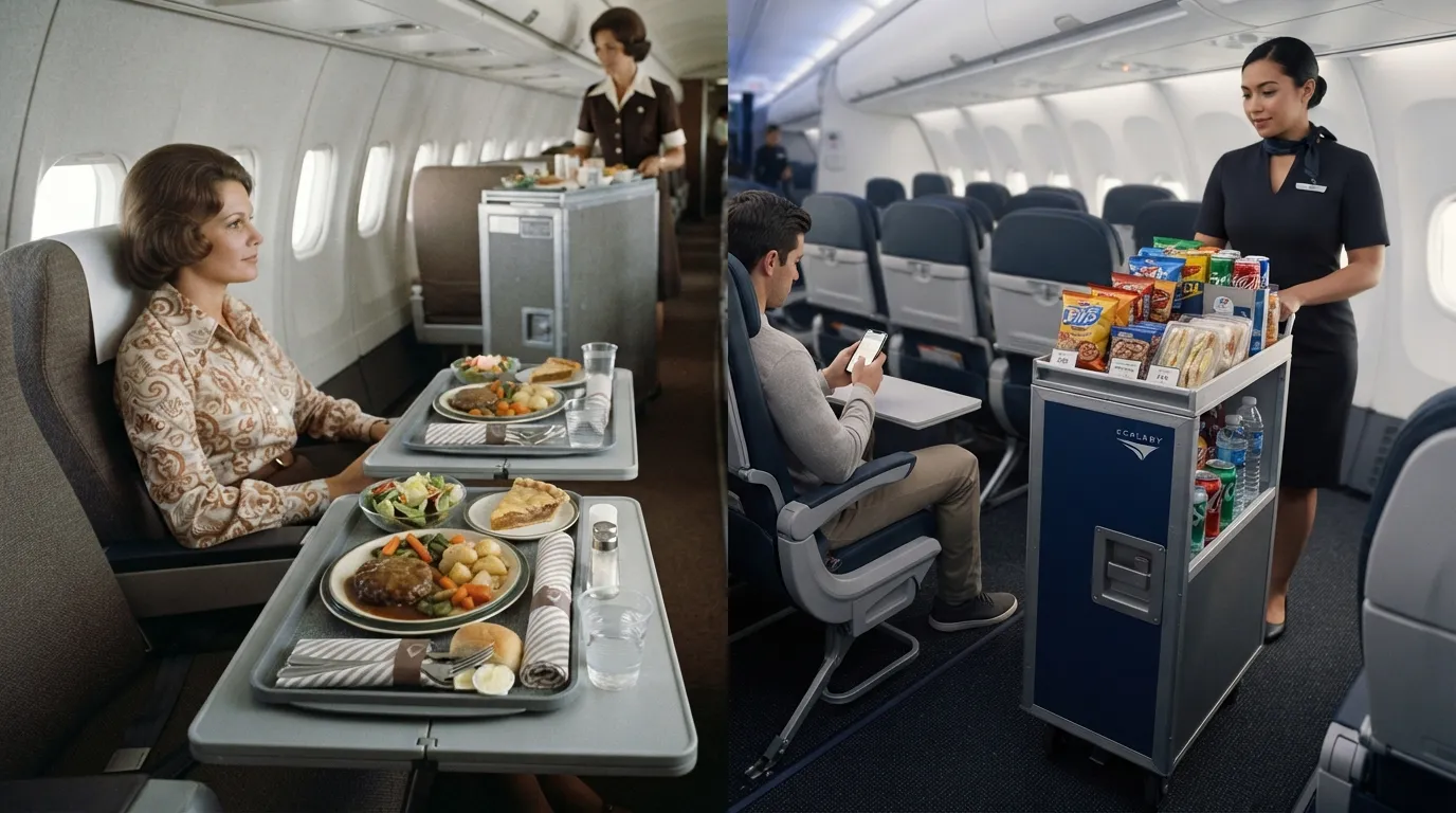 #13 - A 1975 meal tray set at every seat beside a 2026 cart selling food in the aisle (Image Credits: Gemini)