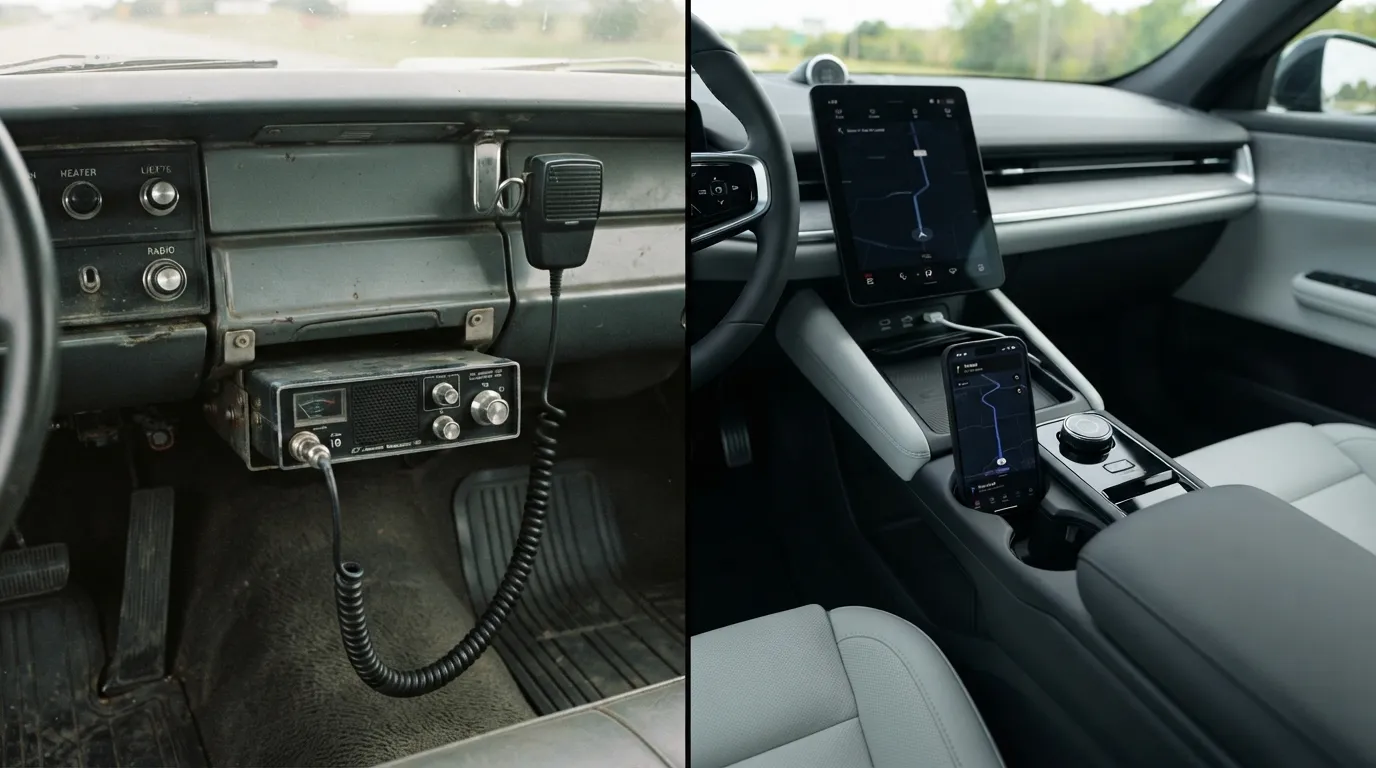 #11 - A 1970 CB radio under the dash beside a 2026 phone in a cup holder (Image Credits: Gemini)