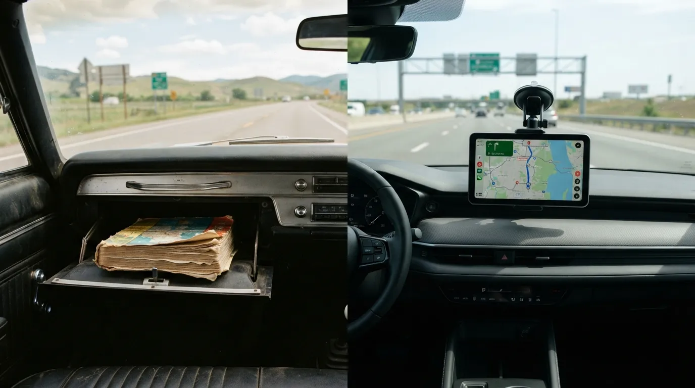#10 - A 1970 paper atlas in the glove box beside a 2026 screen stuck to the windshield (Image Credits: Gemini)
