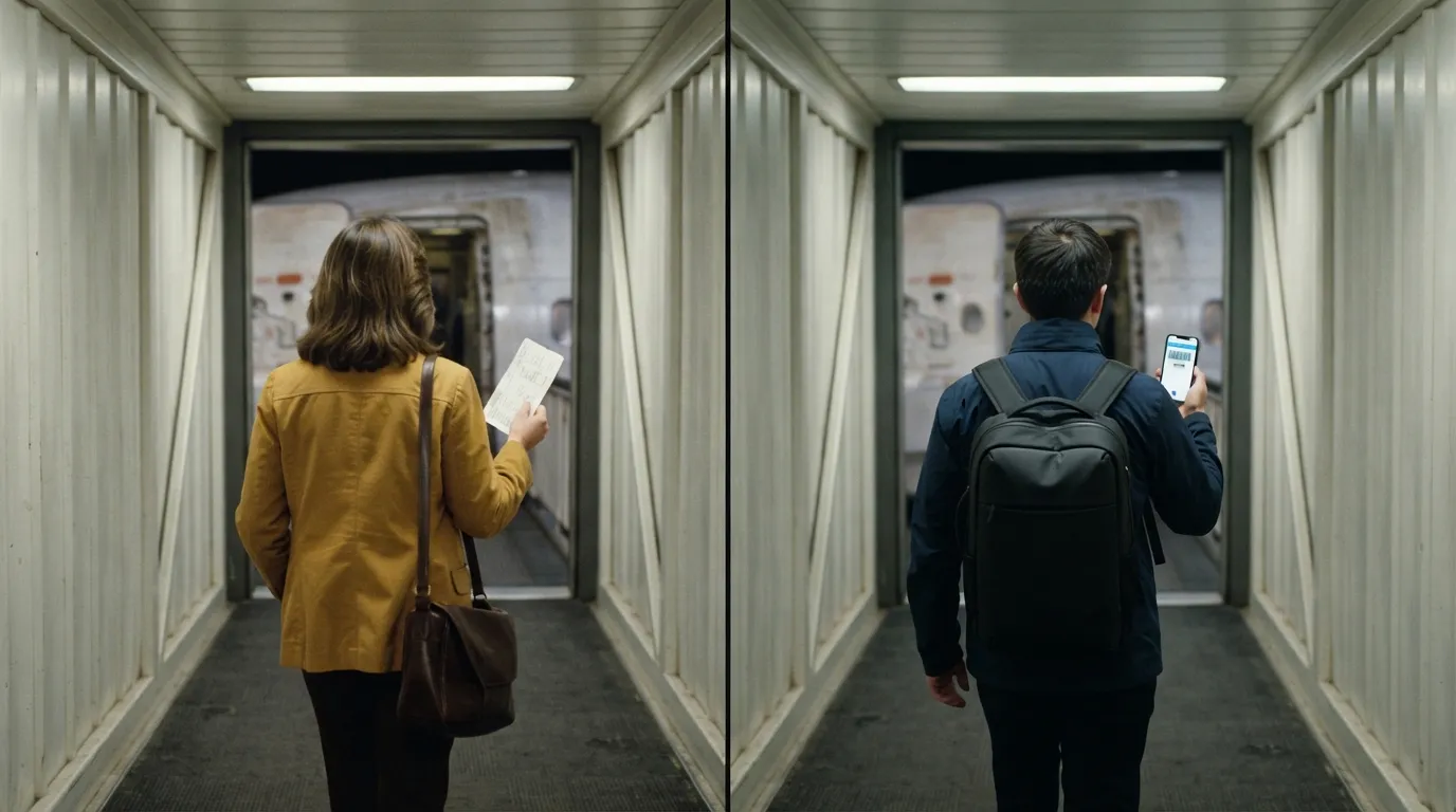 #1 - A 1985 jetway entered with a paper pass beside a 2026 jetway entered with a phone (Image Credits: Gemini)
