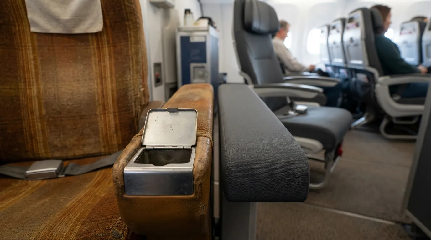 #12 - A 1975 armrest ashtray beside a 2026 armrest with no ashtray (Image Credits: Gemini)