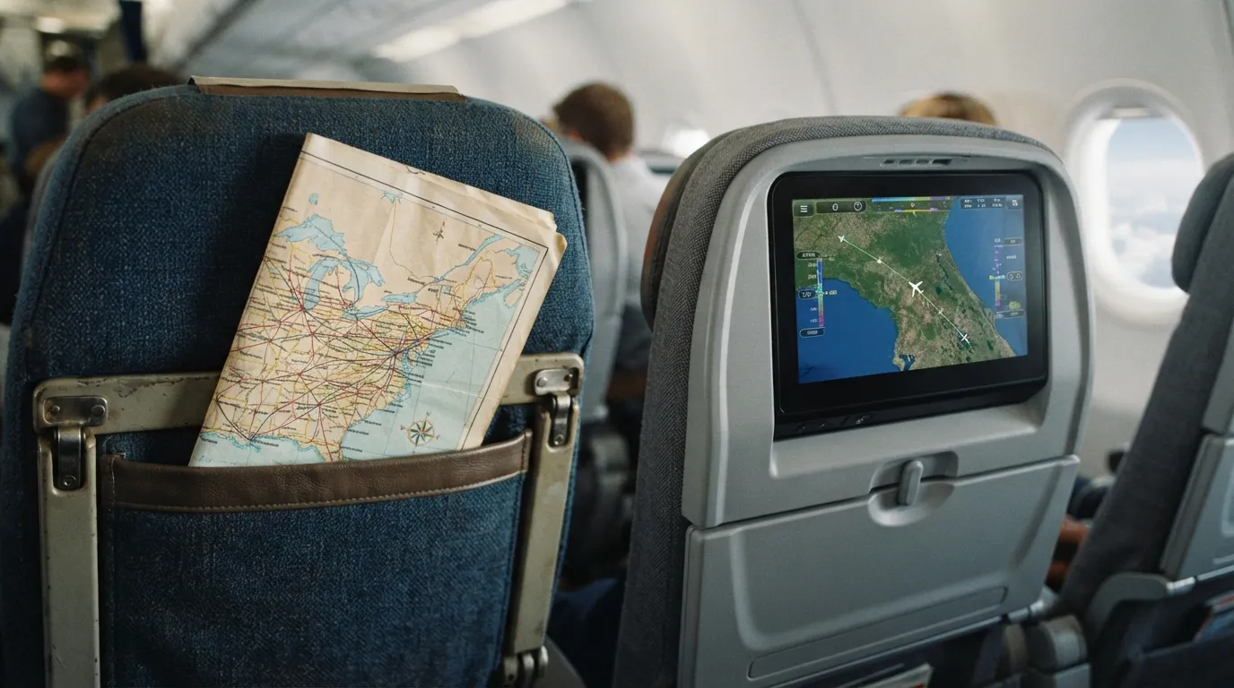 #11 - A 1975 paper route map in the seat pocket beside a 2026 map on the seatback screen (Image Credits: Gemini)