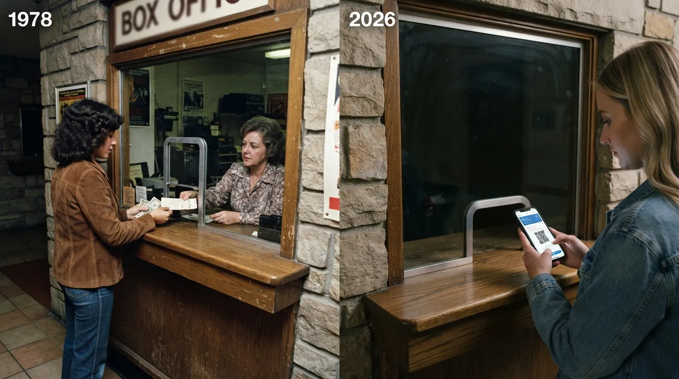#12 - A 1978 box-office window beside a 2026 phone in a buyer's hand (Image Credits: Gemini)