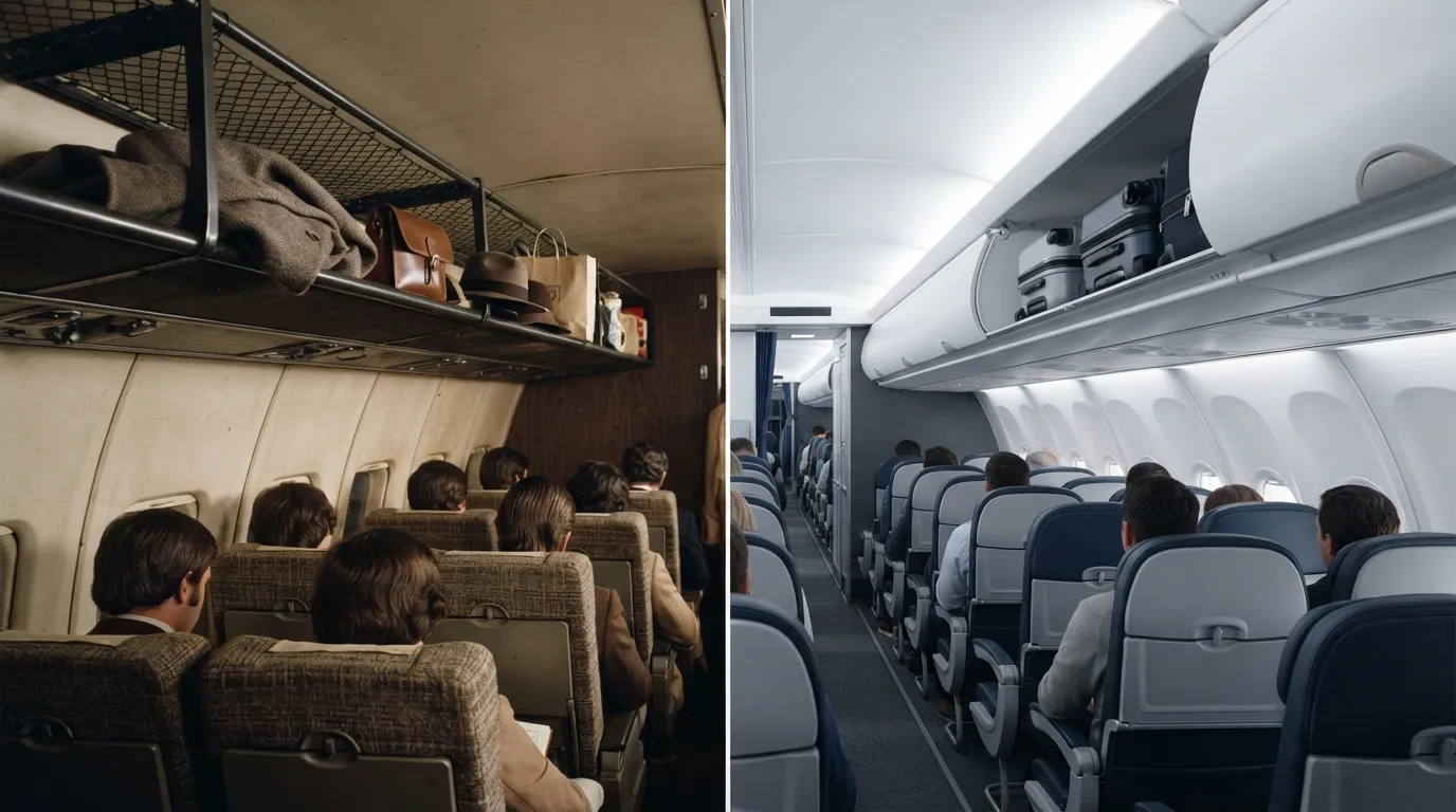 #10 - A 1975 open hat rack beside a 2026 closed overhead bin (Image Credits: Gemini)