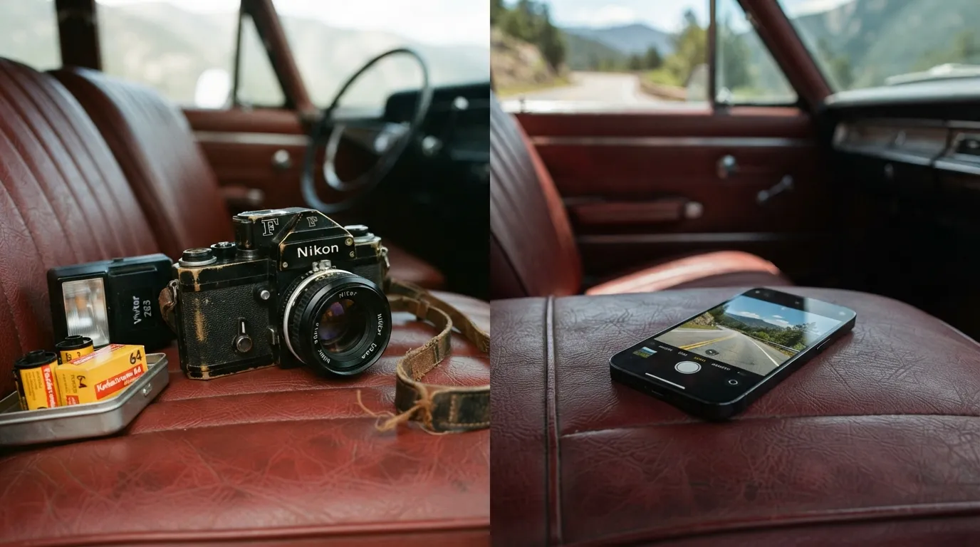 #7 - A 1970 film camera on the seat beside a 2026 phone used as a camera (Image Credits: Gemini)