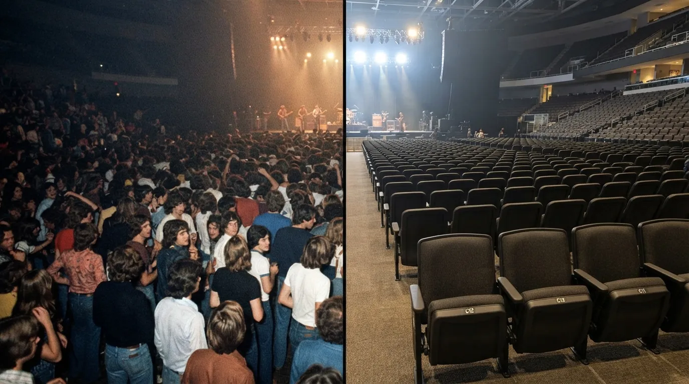 #11 - A 1978 open general-admission floor beside a 2026 chair with an armrest (Image Credits: Gemini)