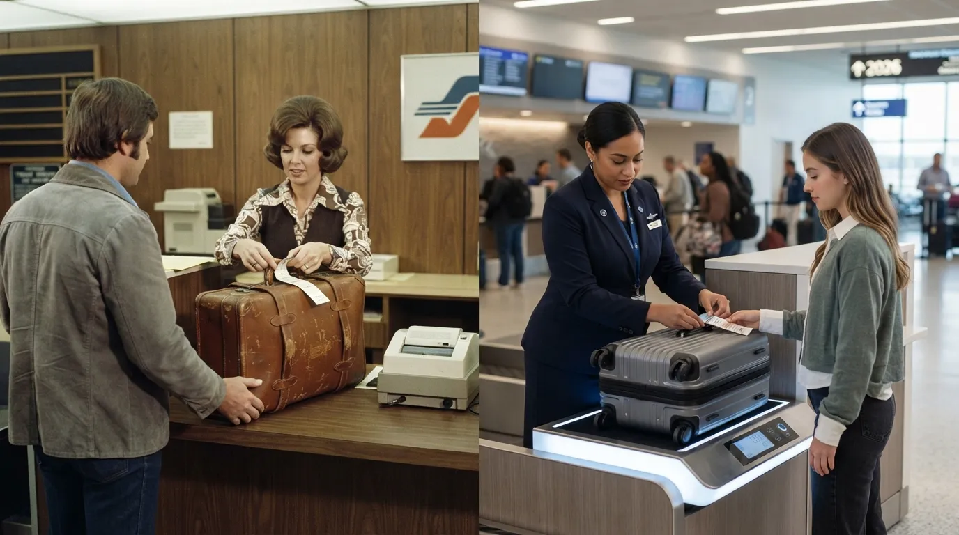 #8 - A 1975 suitcase taken at the counter beside a 2026 suitcase on a scale at the counter (Image Credits: Gemini)