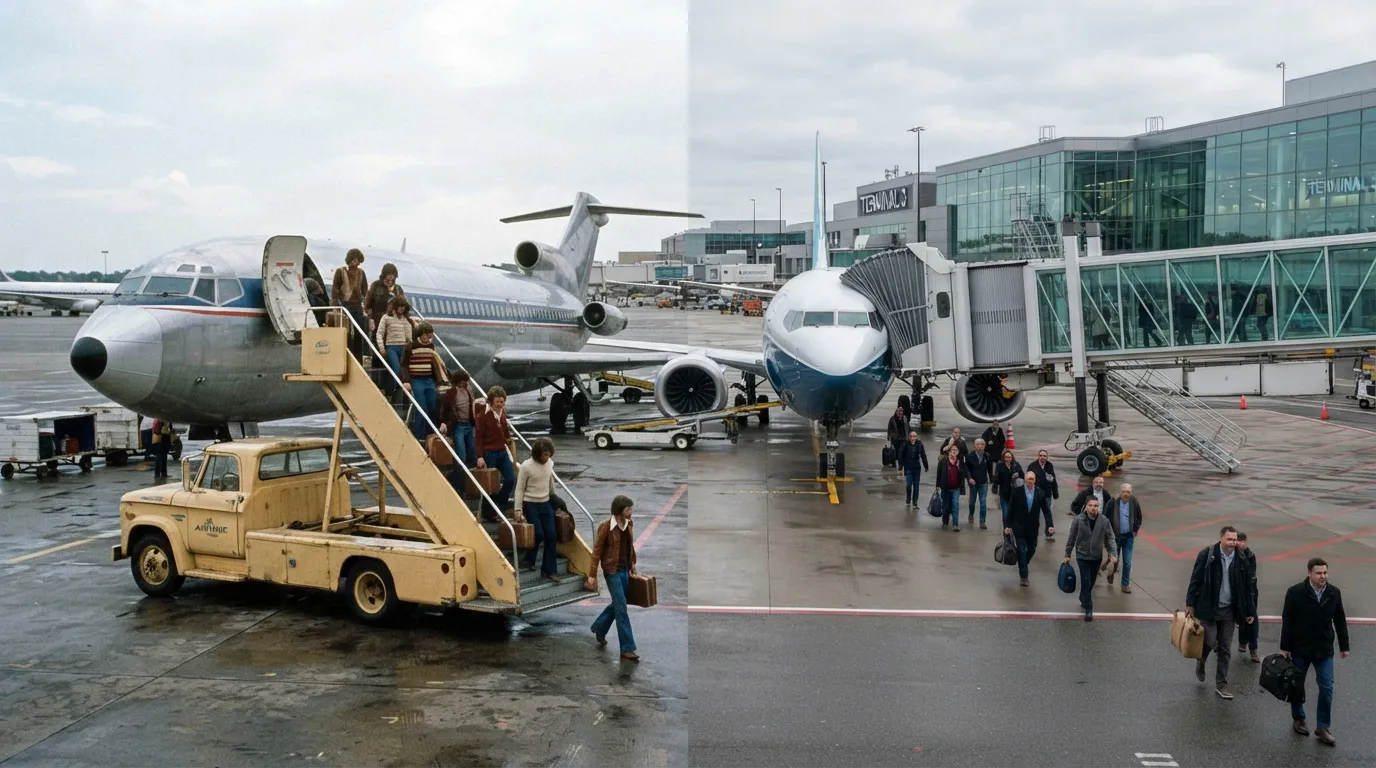 #7 - A 1975 stair truck on the tarmac beside a 2026 jet bridge at the cabin door (Image Credits: Gemini)