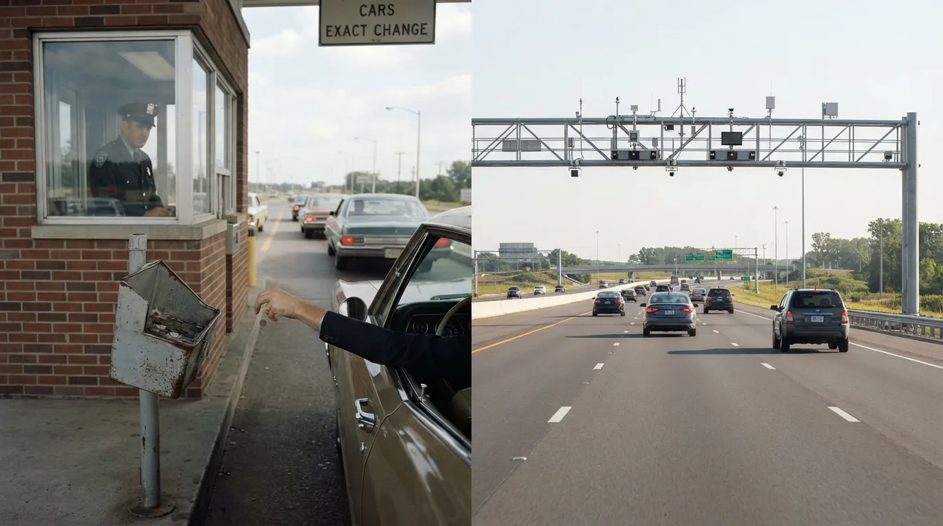 #6 - A 1970 coin basket at a toll booth beside a 2026 open-road toll gantry (Image Credits: Gemini)