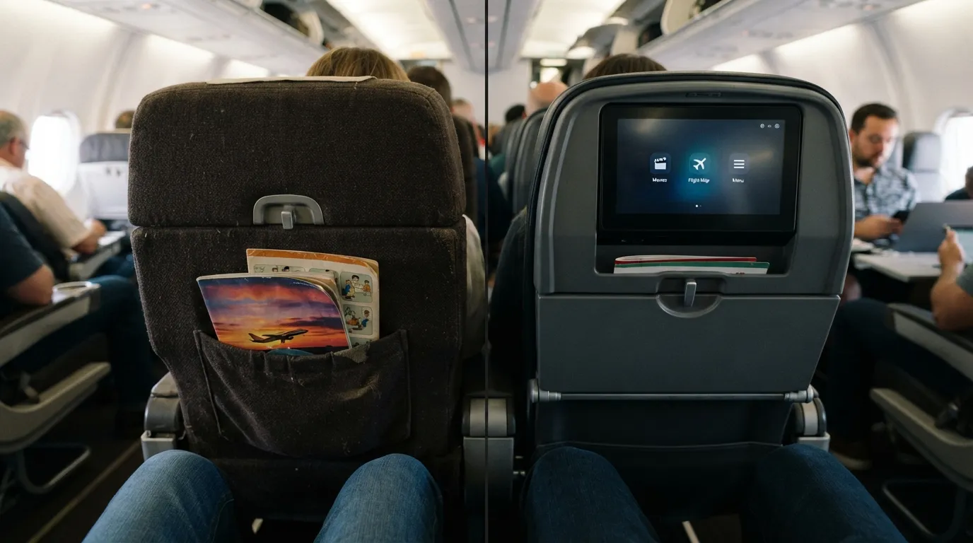 #6 - A 1975 cloth seat pocket with a magazine beside a 2026 hard screen in the seatback (Image Credits: Gemini)
