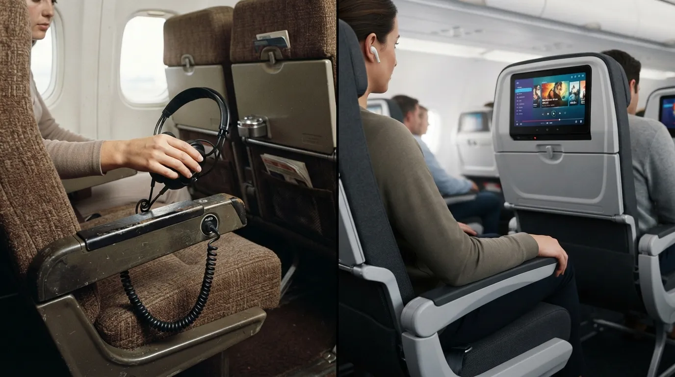 #5 - A 1975 headset plugged into the armrest beside a 2026 screen built into the seatback (Image Credits: Gemini)
