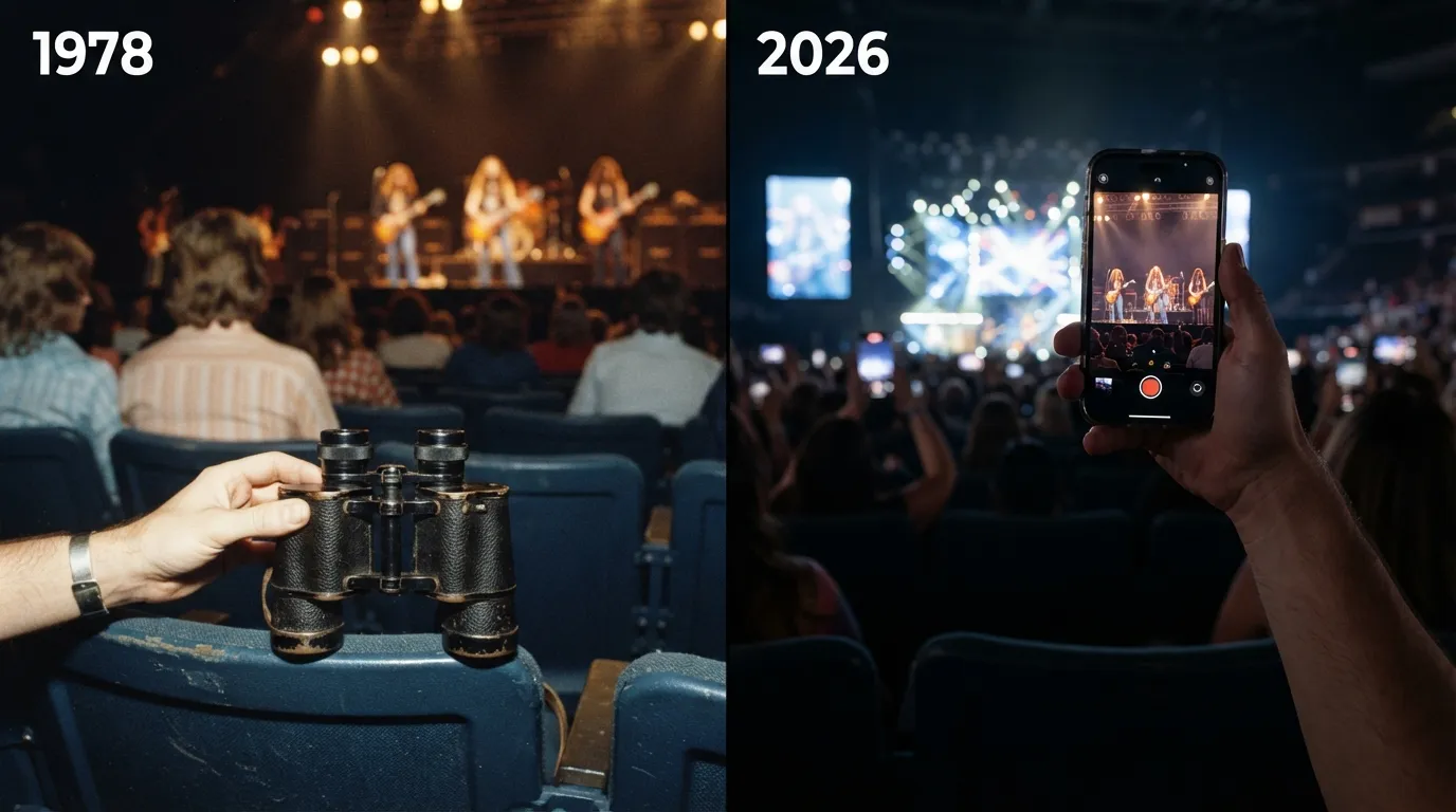 #7 - A 1978 pair of binoculars at a seat beside a 2026 phone raised toward the stage (Image Credits: Gemini)