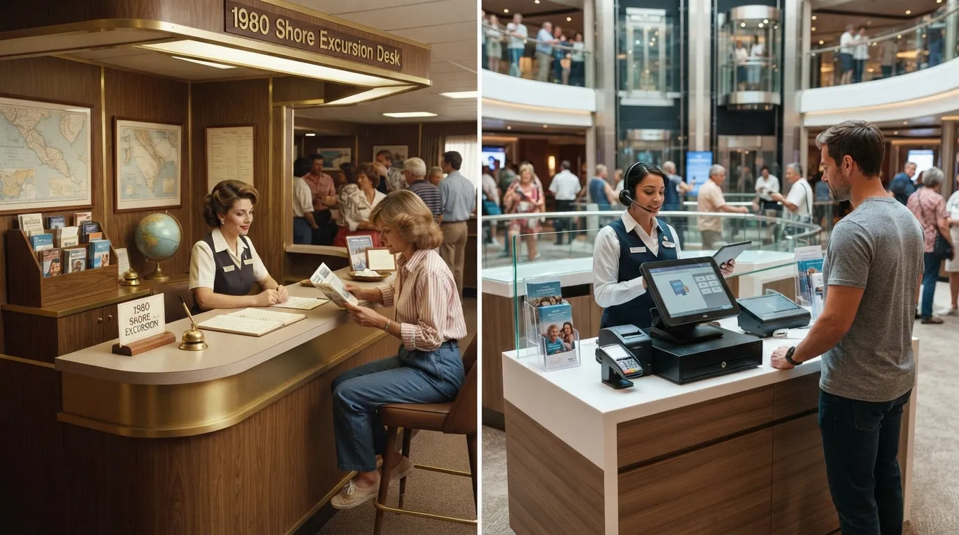 #11 - A 1980 shore-tour desk in the lobby beside a 2026 excursion desk with its own till (Image Credits: Gemini)