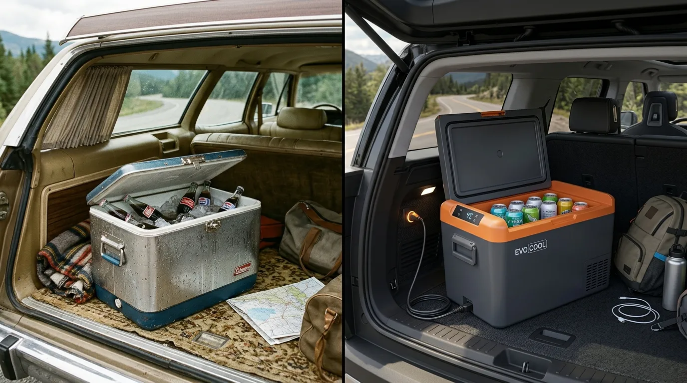 #8 - A 1970 metal ice chest beside a 2026 cooler plugged into the dash (Image Credits: Gemini)