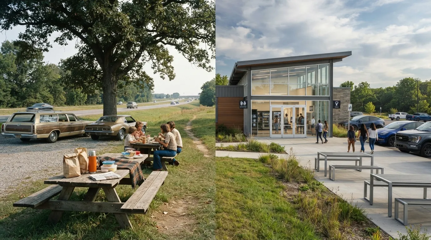 #5 - A 1970 picnic table lunch beside a 2026 rest-area building (Image Credits: Gemini)