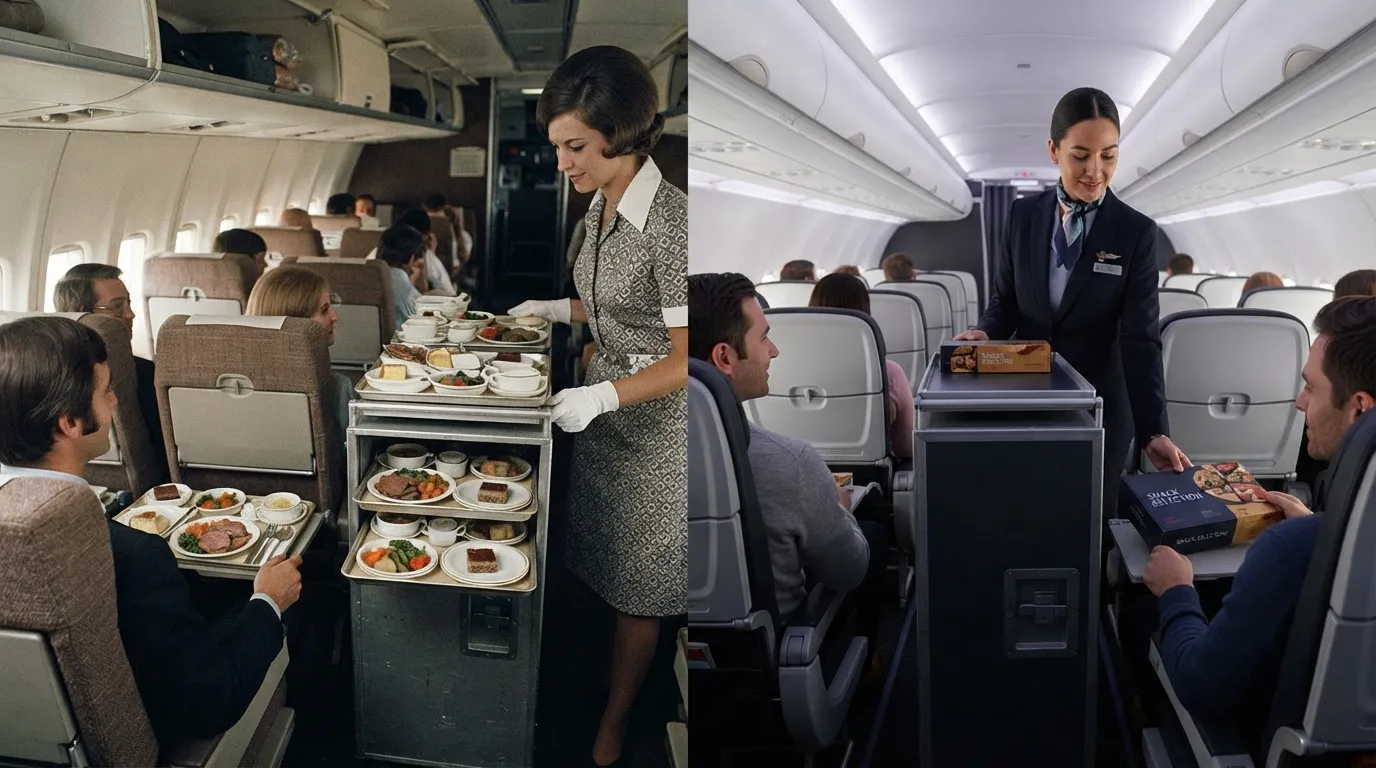 #4 - A 1975 crew cart with plated food beside a 2026 sealed snack box on the tray (Image Credits: Gemini)