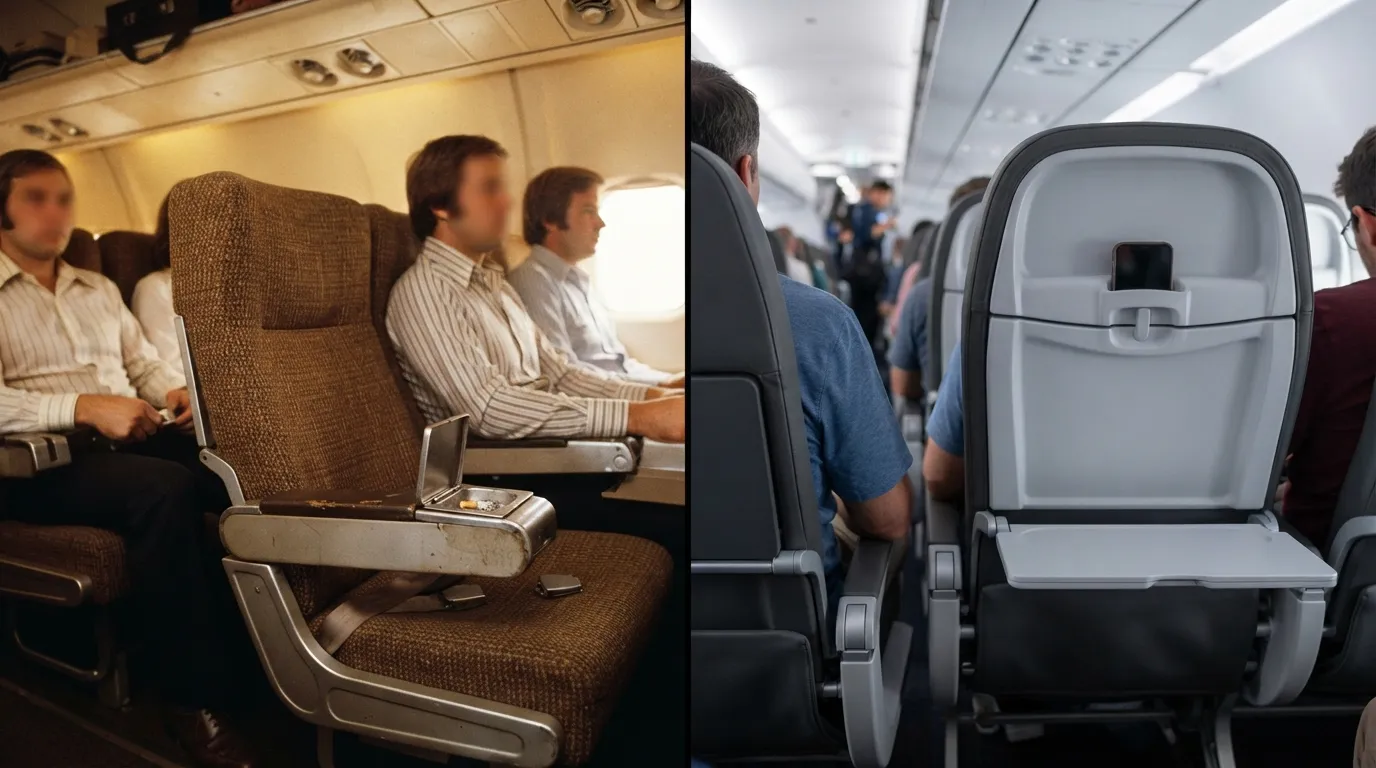 #3 - A 1975 middle-seat ashtray beside a 2026 middle-seat tray table (Image Credits: Gemini)