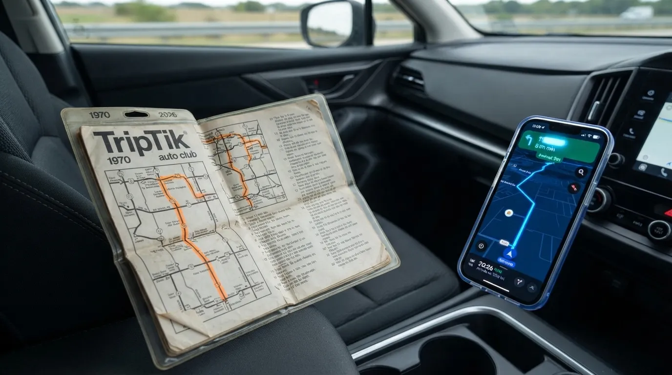 #4 - A 1970 paper trip map from the auto club beside a 2026 route glowing on a phone (Image Credits: Gemini)