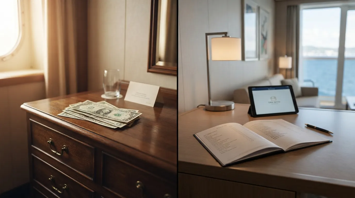 #9 - A 1980 cash tip left on the dresser beside a 2026 printed folio on the desk (Image Credits: Gemini)