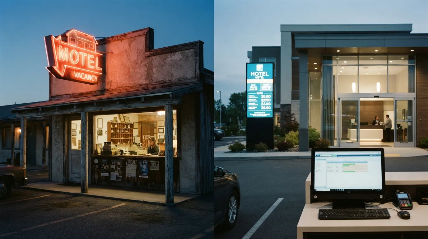 #3 - A 1970 neon sign outside a motel office beside a 2026 lobby desk with a screen (Image Credits: Gemini)