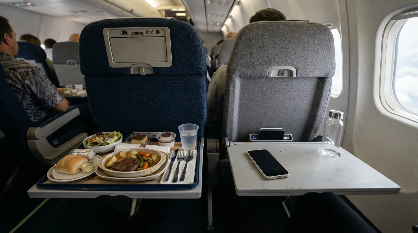 #1 - A 1975 hot meal on a napkin beside a 2026 empty tray table (Image Credits: Gemini)