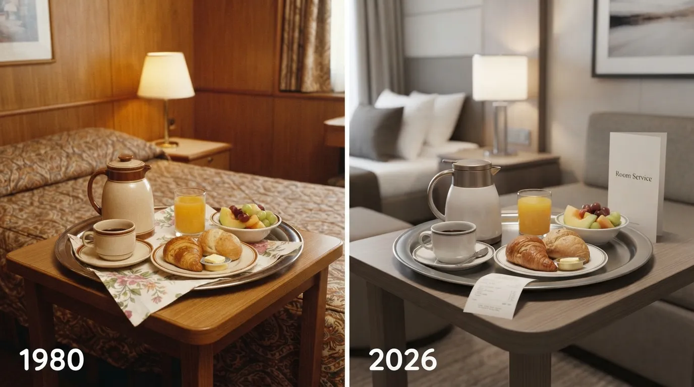 #8 - A 1980 room-service tray with no charge slip beside a 2026 room-service tray with a charge slip (Image Credits: Gemini)