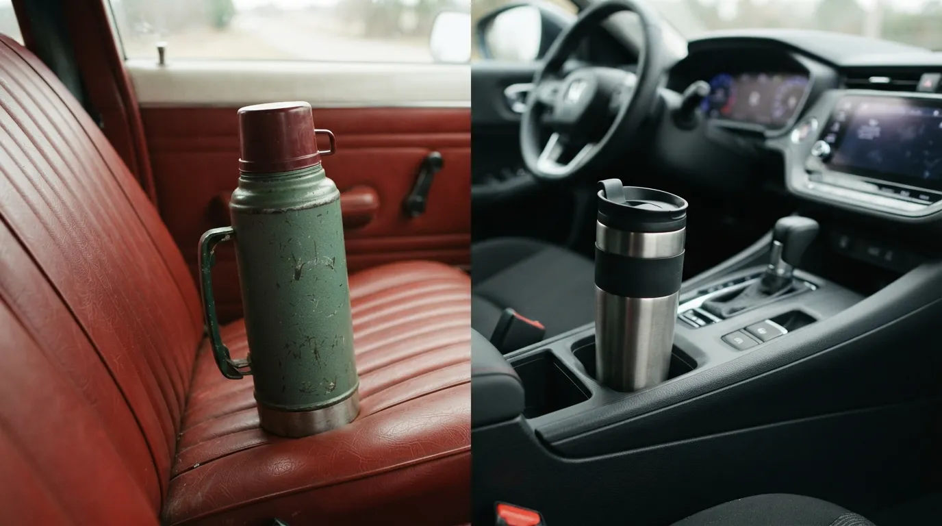 #2 - A 1970 thermos on the seat beside a 2026 cup in a molded holder (Image Credits: Gemini)