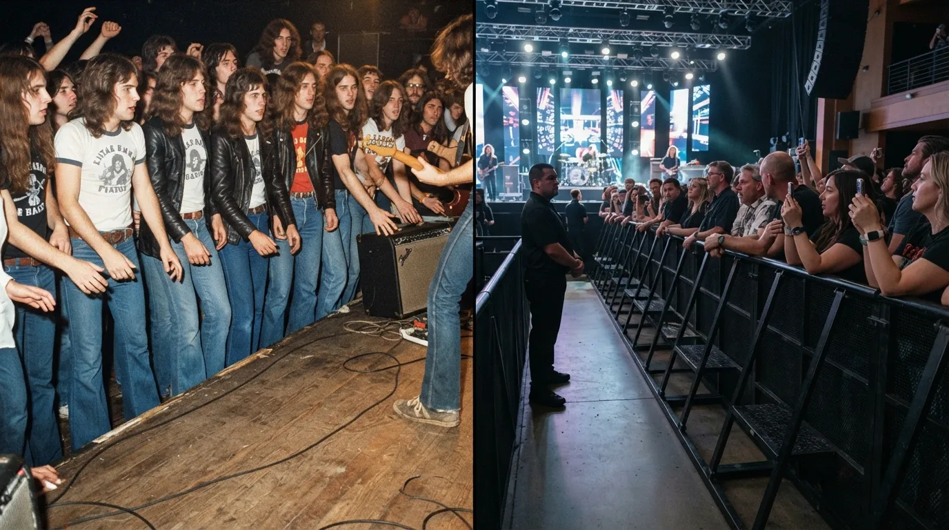 #3 - A 1978 stage with no barricade beside a 2026 metal barricade in front of the stage (Image Credits: Gemini)
