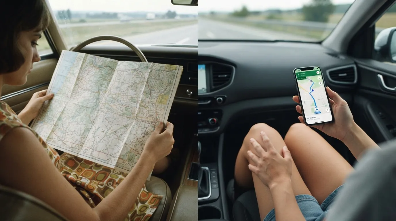 #1 - A 1970 map spread across a passenger's lap beside a 2026 phone held over that same lap (Image Credits: Gemini)
