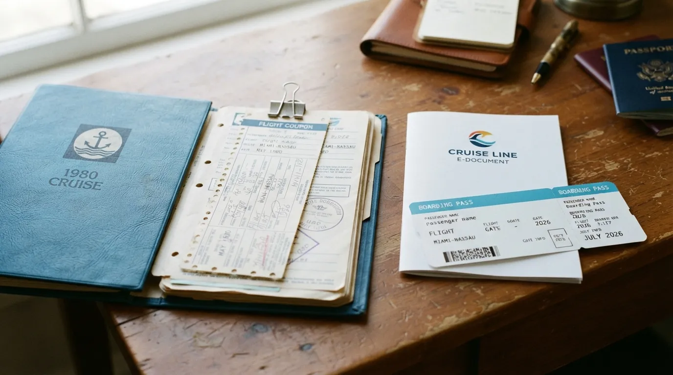 #7 - A 1980 flight coupon clipped into the cruise folder beside a 2026 separate airline boarding pass (Image Credits: Gemini)