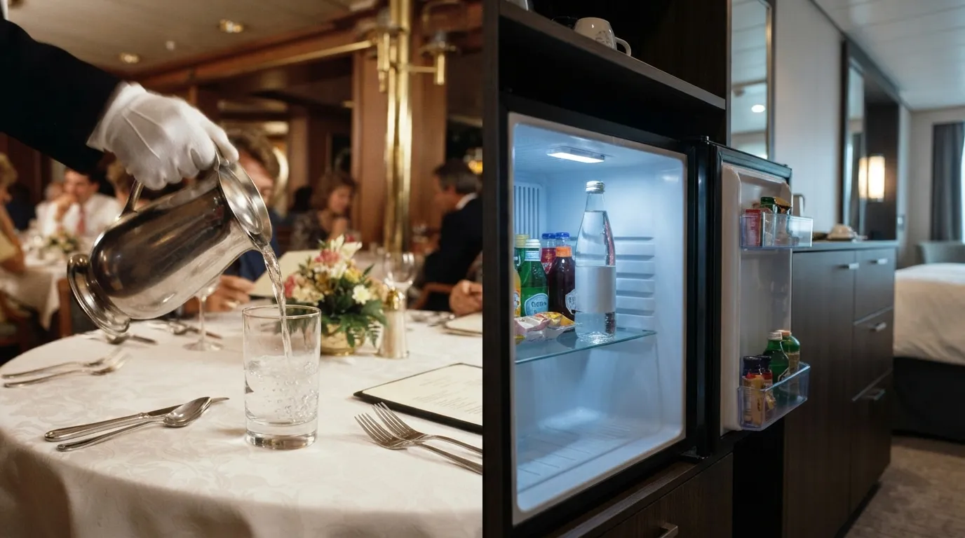 #5 - A 1980 water glass filled from a pitcher beside a 2026 bottled water in the cabin fridge (Image Credits: Gemini)