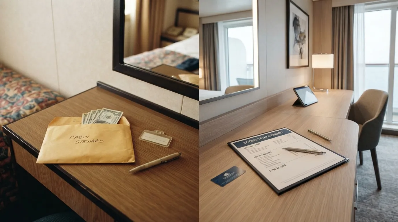 #2 - A 1980 envelope of cash for the steward beside a 2026 folio left on the desk (Image Credits: Gemini)