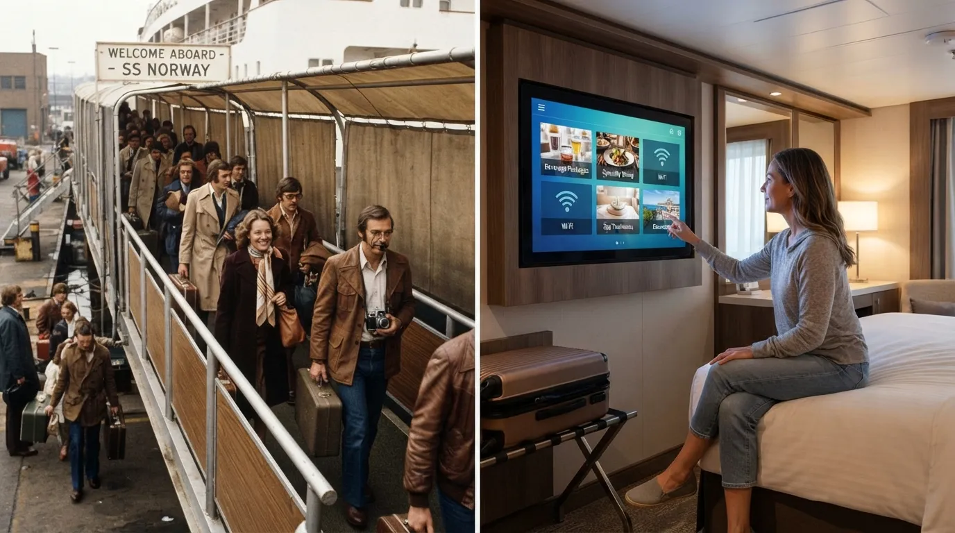 #1 - A 1980 gangway with the meals already covered beside a 2026 cabin screen offering extras (Image Credits: Gemini)
