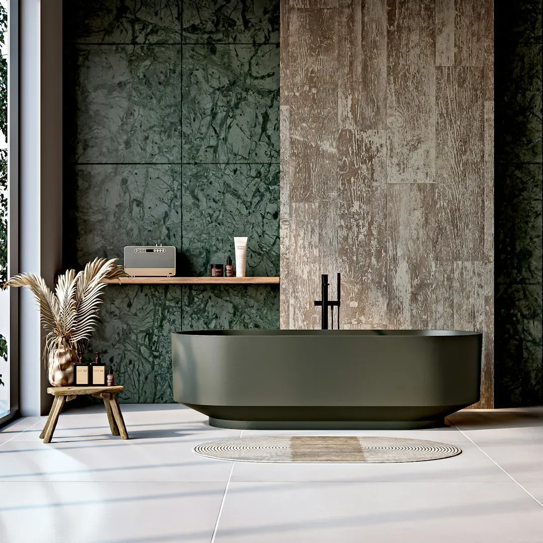 Natural stone and warm wood surfaces (Image Credits: Unsplash)