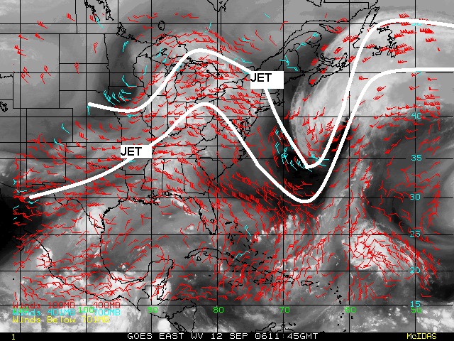 The Jet Stream's Wavering Path (image credits: This file was derived from:  Vents altitude vapeur eau.gif:  (http://www.goes.noaa.gov/WINDS/windsNHIRW.html), Public domain, https://commons.wikimedia.org/w/index.php?curid=1166206)