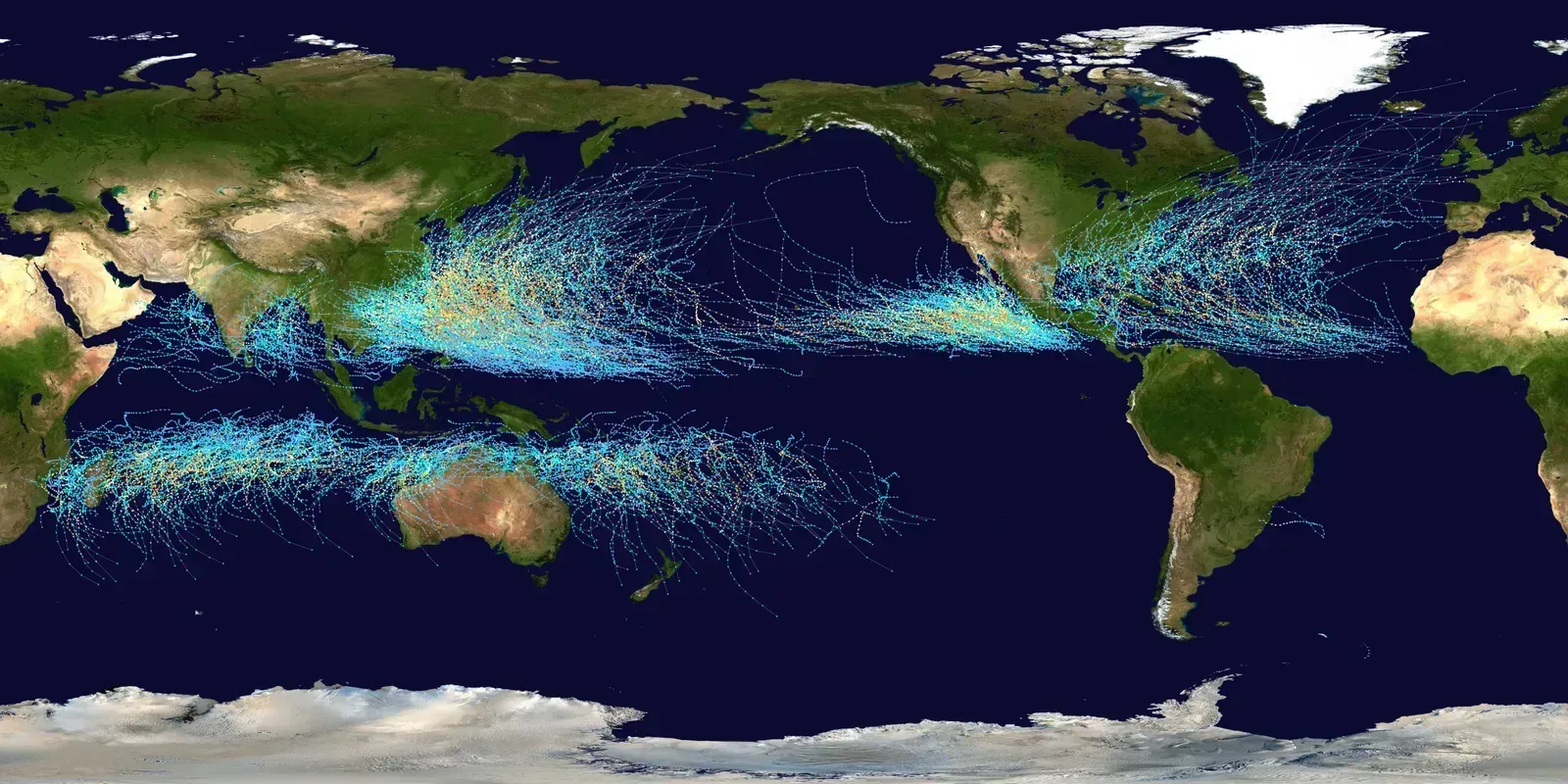 A record-breaking ocean signal driving the forecast (Created using User:jdorje/Tracks by Nilfanion on 2006-08-05. Background image from File:Whole_world_-_land_and_oceans.jpg (NASA).
Tracking data for storms within the Atlantic and Eastern Pacific basins is taken from the National Hurricane Center and the Central Pacific Hurricane Center's Northeast and North Central Pacific hurricane database. The tracking data for storms within the Indian Ocean, the Northwest Pacific and the Southern Pacific is from the Joint Typhoon Warning Center. Tracking data for Cyclone Catarina in the South Atlantic was published in Gary Padgett's April 2004 Monthly Tropical Cyclone Summary and was originally produced by Roger Edson of the University of Guam., Public domain)