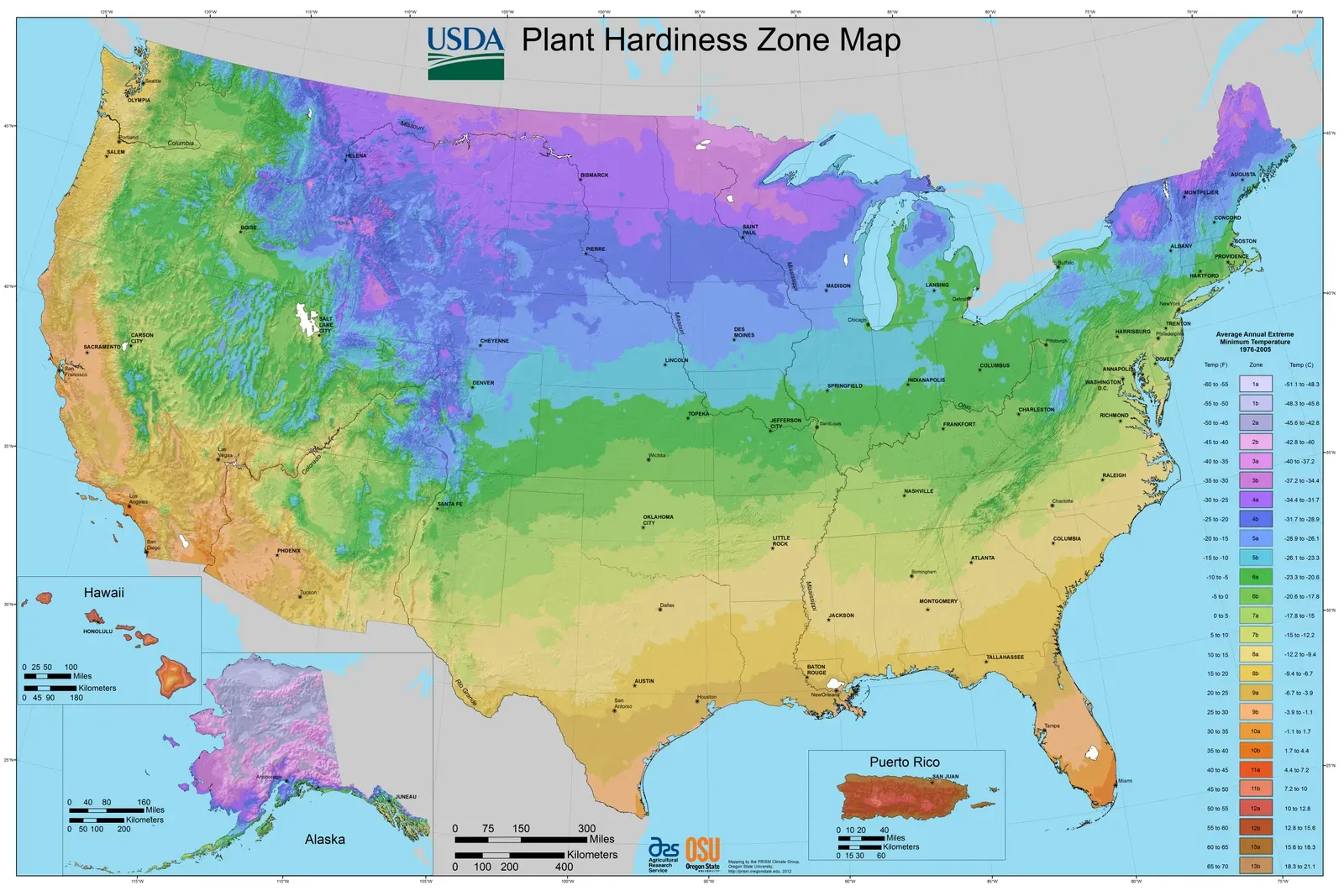 What the USDA's hardiness zone map already shows (By USDA-ARS and Oregon State University (OSU), Public domain)